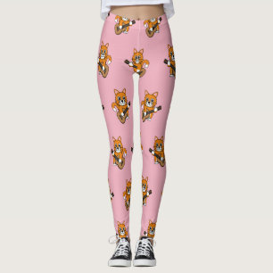 Cute Orange White Cat Spela Guitar Tecknad Leggings