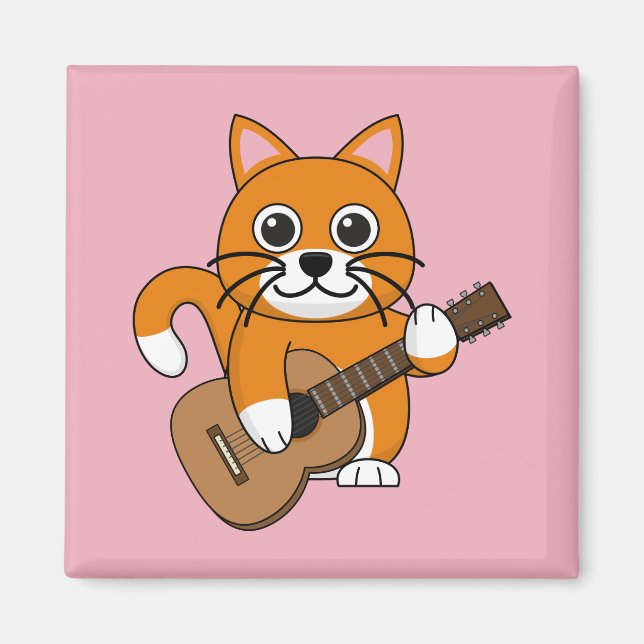 Cute Orange White Cat Spela Guitar Tecknad Magnet (Framsidan)