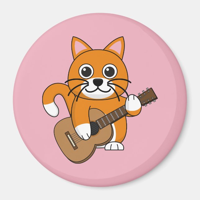 Cute Orange White Cat Spela Guitar Tecknad Magnet (Framsidan)