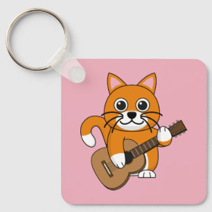 Cute Orange White Cat Spela Guitar Tecknad Nyckelring