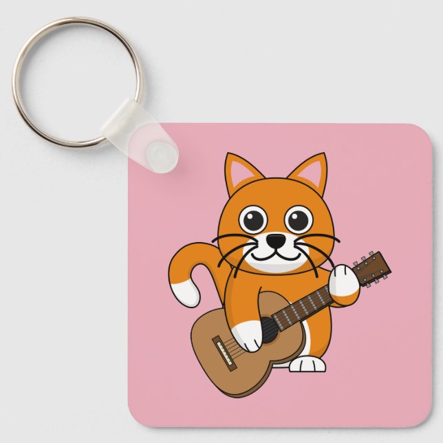 Cute Orange White Cat Spela Guitar Tecknad Nyckelring (Framsida)