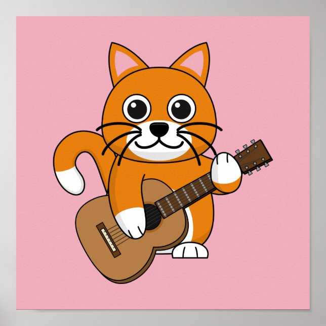 Cute Orange White Cat Spela Guitar Tecknad Poster (Framsidan)