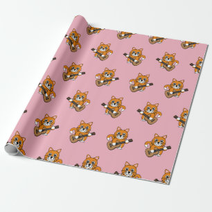 Cute Orange White Cat Spela Guitar Tecknad Presentpapper