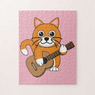 Cute Orange White Cat Spela Guitar Tecknad Pussel