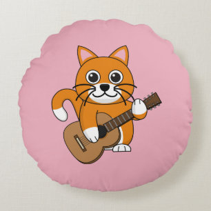 Cute Orange White Cat Spela Guitar Tecknad Rund Kudde