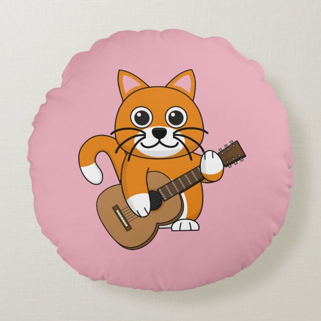 Cute Orange White Cat Spela Guitar Tecknad Rund Kudde (Framsidan)