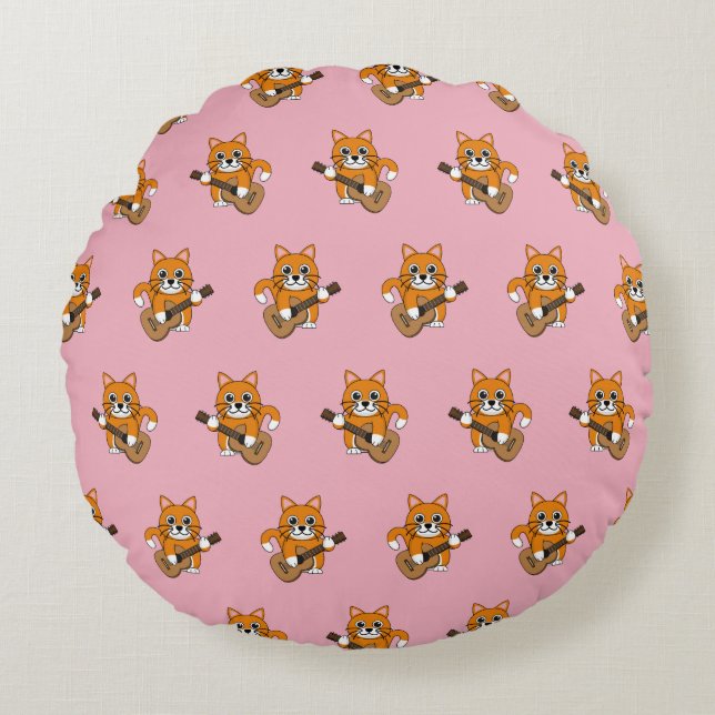 Cute Orange White Cat Spela Guitar Tecknad Rund Kudde (Framsidan)