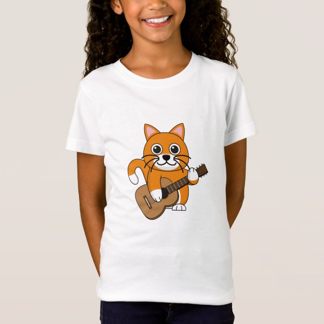 Cute Orange White Cat Spela Guitar Tecknad T Shirt (Framsida)