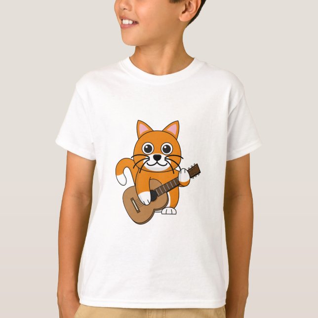 Cute Orange White Cat Spela Guitar Tecknad T Shirt (Framsida)