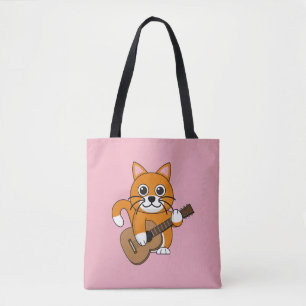 Cute Orange White Cat Spela Guitar Tecknad Tygkasse