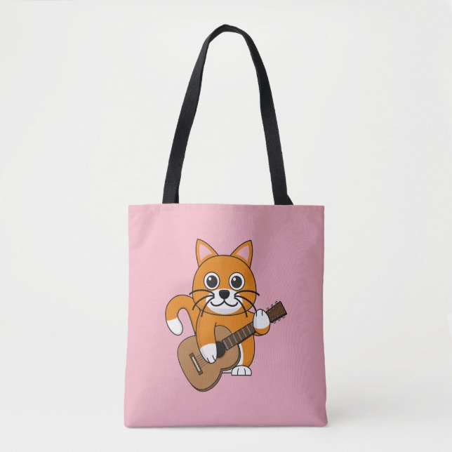 Cute Orange White Cat Spela Guitar Tecknad Tygkasse (Framsida)