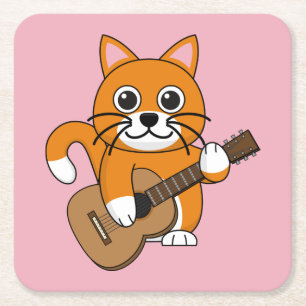 Cute Orange White Cat Spela Guitar Tecknad Underlägg Papper Kvadrat