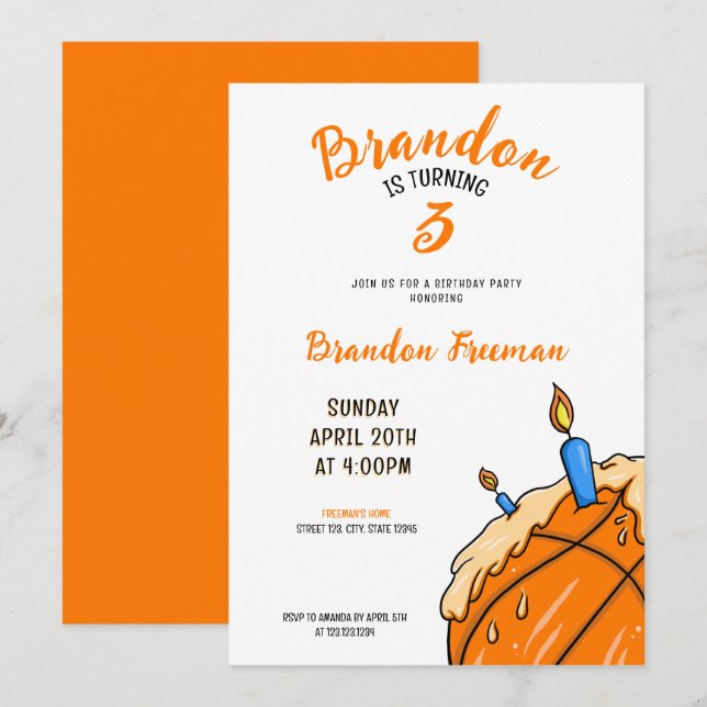 Cute Orange & White Cream Cake Basketball Birthday Inbjudningar (Fram/baksida)