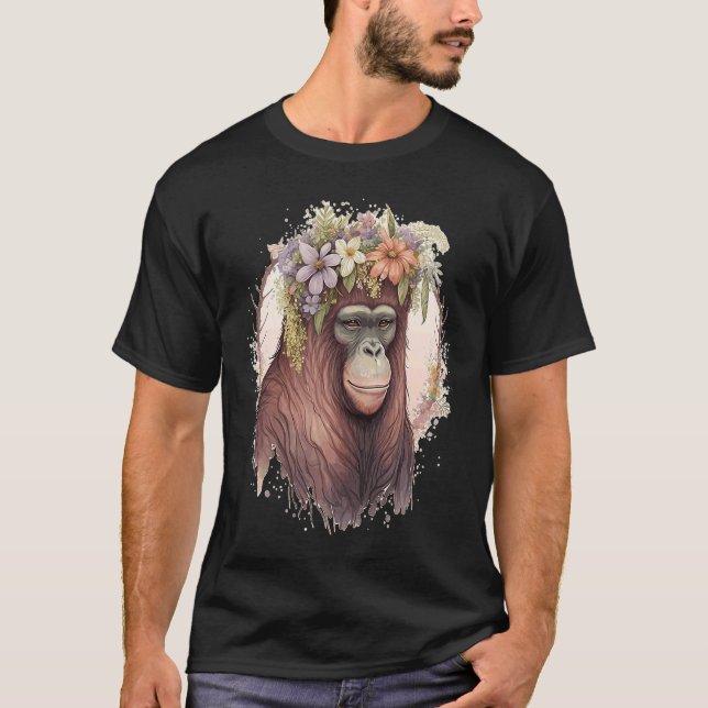 Cute Orangutan Flower Crown Monkey T Shirt (Framsida)