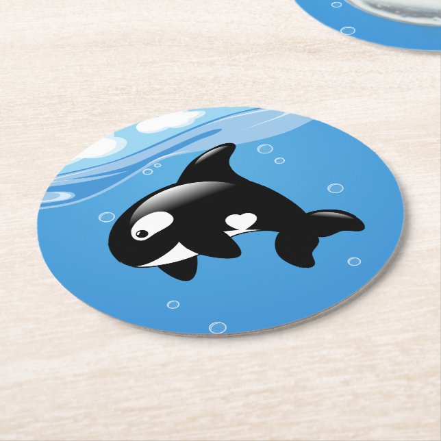Cute Orca Whale på Blue Underlägg Papper Rund (Vinklad)