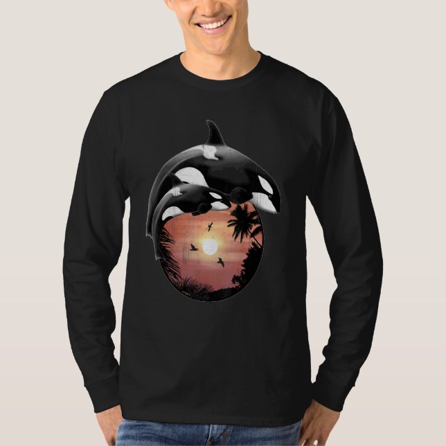 Cute Orca Whales Samoa Polynesia Stil Sunset T Shirt (Framsida)