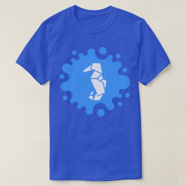 Cute Origami Seahorse på Blue Stänk T Shirt (Design framsida)