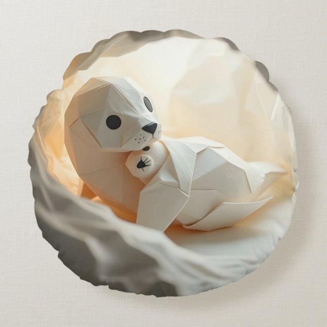 Cute Origami Seal Mother Rund Kudde (Framsidan)
