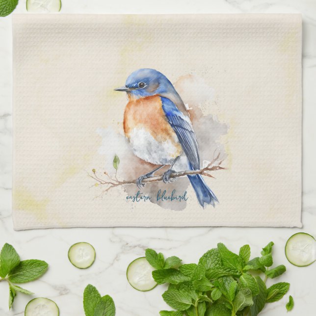 Cute Östra Bluebird Rustic Watercolor Kökshandduk (Vikta)