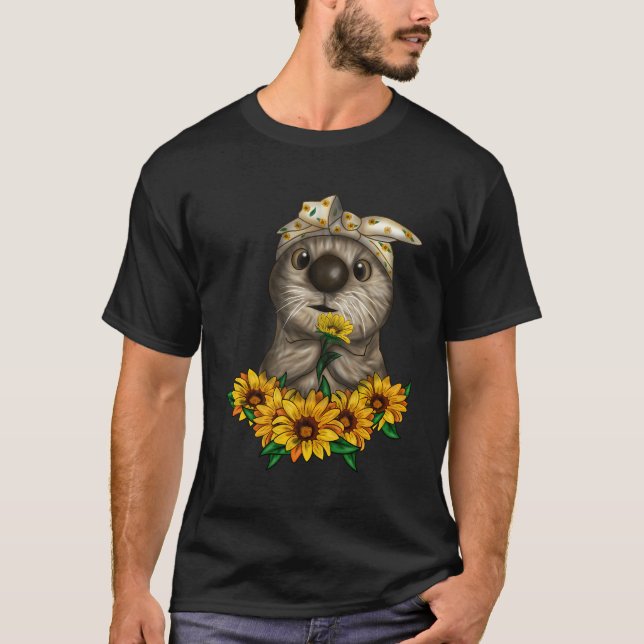 Cute Otter Älskare med solblommor T Shirt (Framsida)