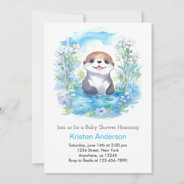 Cute Otter Blue Blommigt Boy Shower Inbjudningar (Framsida)