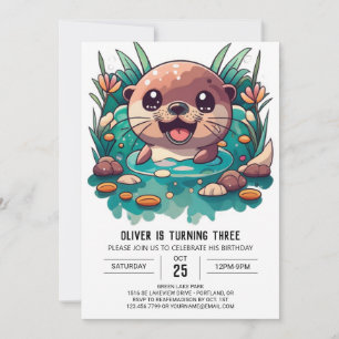 Cute Otter Children Watercolor Bird Inbjudningar