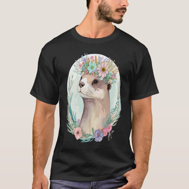 Cute Otter Flower Crown Floral Animal T Shirt (Framsida)