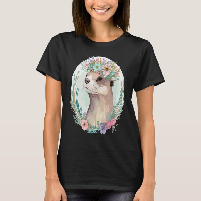 Cute Otter Flower Crown Floral Animal T Shirt (Framsida)
