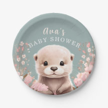 Cute Otter Girl Baby Shower Sage & Rosa Blommigt
