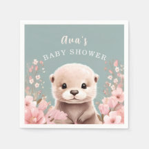 Cute Otter Girl Baby Shower Sage & Rosa Blommigt