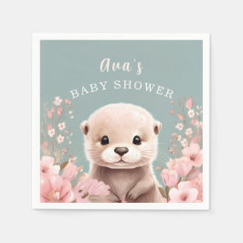 Cute Otter Girl Baby Shower Sage & Rosa Blommigt Pappersservett