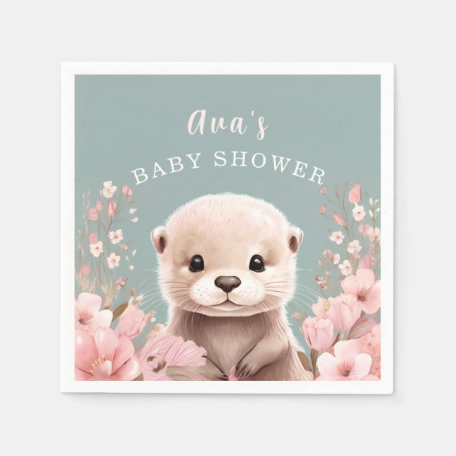 Cute Otter Girl Baby Shower Sage & Rosa Blommigt Pappersservett (Framsidan)