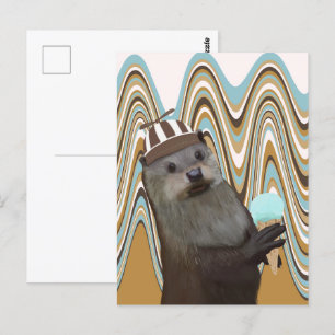 Cute Otter Holding Ice kräm på wirl-bakgrunden Vykort