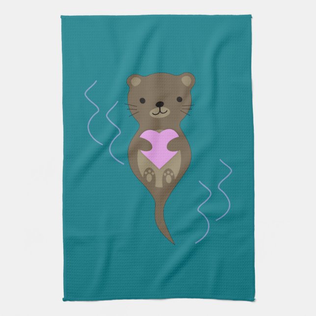 Cute Otter Hugger ett Rosa Heart Kökshandduk (Vertikal)