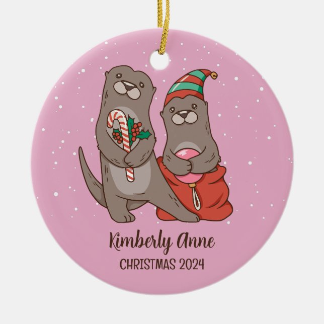Cute Otter jul Animal Snö Winter Helgdag Julgransprydnad Keramik (Framsidan)