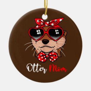 Cute Otter Mamma Funny Bow Turban Glass Julgransprydnad Keramik