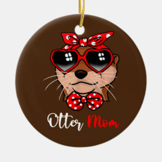 Cute Otter Mamma Funny Bow Turban Glass Julgransprydnad Keramik