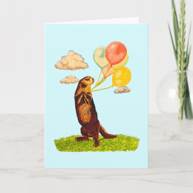 Cute Otter med ballonger Illustrated Birthday Kort (Framsida)