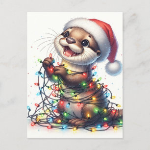Cute Otter med Jul Ljus Vykort