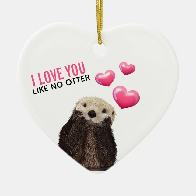 Cute Otter med Rosa Hearts Kärlek You Pun Julgransprydnad Keramik (Framsidan)