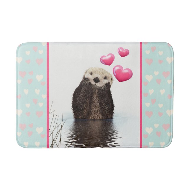 Cute Otter med Rosa Kärlek Hearts Badrumsmatta (Framsidan)