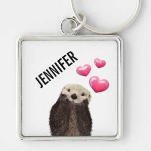 Cute Otter med Rosa Kärlek Hearts Fyrkantig Silverfärgad Nyckelring
