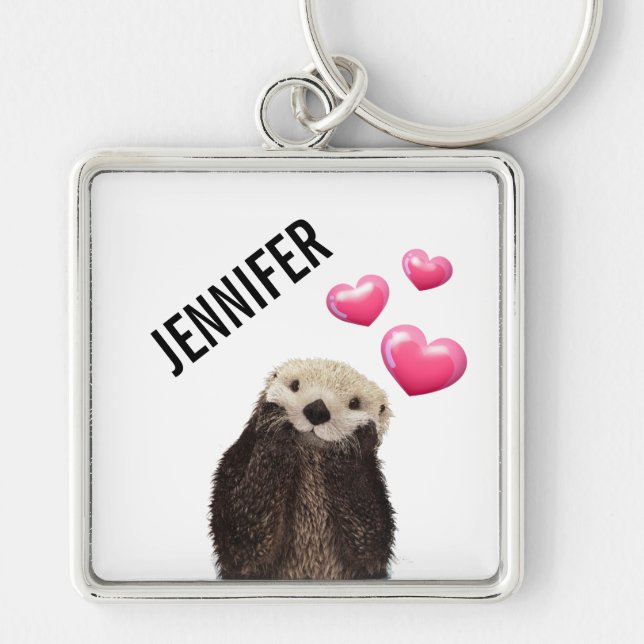 Cute Otter med Rosa Kärlek Hearts Fyrkantig Silverfärgad Nyckelring (Framsidan)