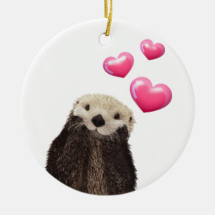 Cute Otter med Rosa Kärlek Hearts Julgransprydnad Keramik