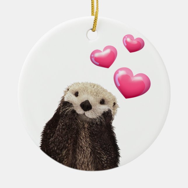 Cute Otter med Rosa Kärlek Hearts Julgransprydnad Keramik (Framsidan)
