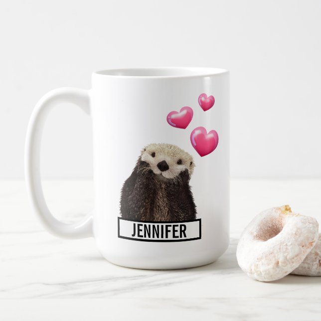Cute Otter med Rosa Kärlek Hearts Kaffemugg (Med munk)