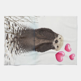 Cute Otter med Rosa Kärlek Hearts Kökshandduk