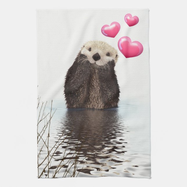 Cute Otter med Rosa Kärlek Hearts Kökshandduk (Vertikal)