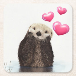 Cute Otter med Rosa Kärlek Hearts Underlägg Papper Kvadrat