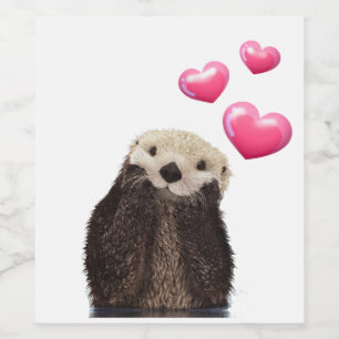 Cute Otter med Rosa Kärlek Hearts Vinflaska Etikett